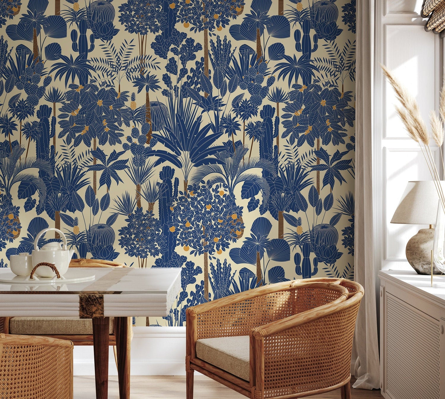 Blue Tropical Jungle Wallpaper / Peel and Stick Wallpaper Removable Wallpaper Home Decor Wall Art Wall Decor Room Decor - D274