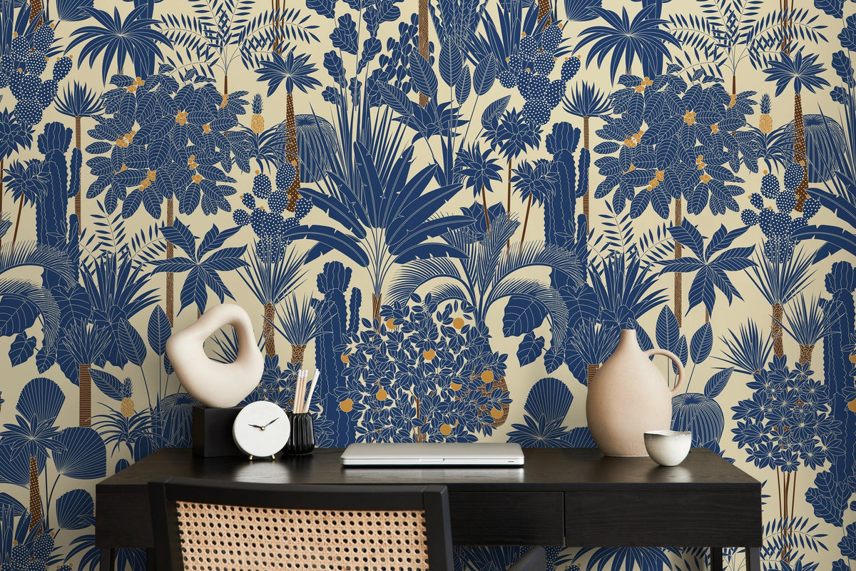 Blue Tropical Jungle Wallpaper / Peel and Stick Wallpaper Removable Wallpaper Home Decor Wall Art Wall Decor Room Decor - D274