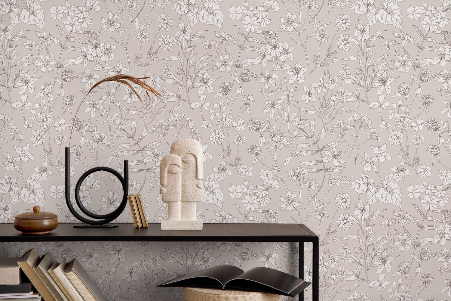 Beige Wildflowers Wallpaper / Peel and Stick Wallpaper Removable Wallpaper Home Decor Wall Art Wall Decor Room Decor - D308