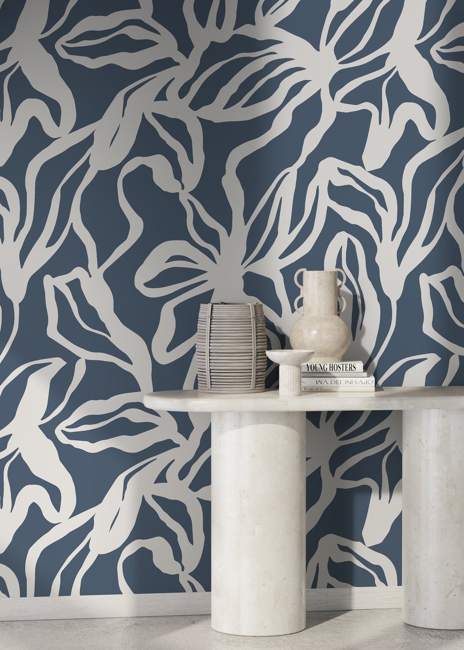 Navy Abstract Floral Wallpaper / Peel and Stick Wallpaper Removable Wallpaper Home Decor Wall Art Wall Decor Room Decor - D285