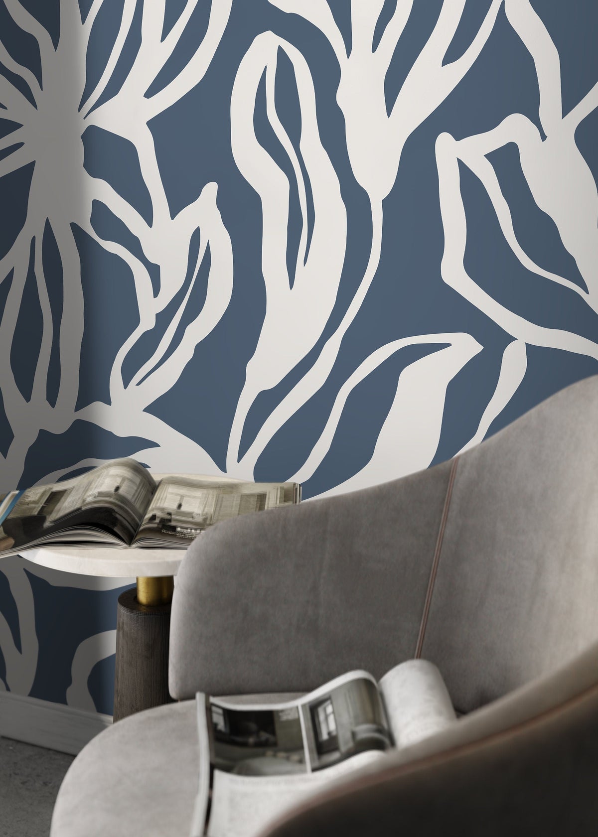 Navy Abstract Floral Wallpaper / Peel and Stick Wallpaper Removable Wallpaper Home Decor Wall Art Wall Decor Room Decor - D285
