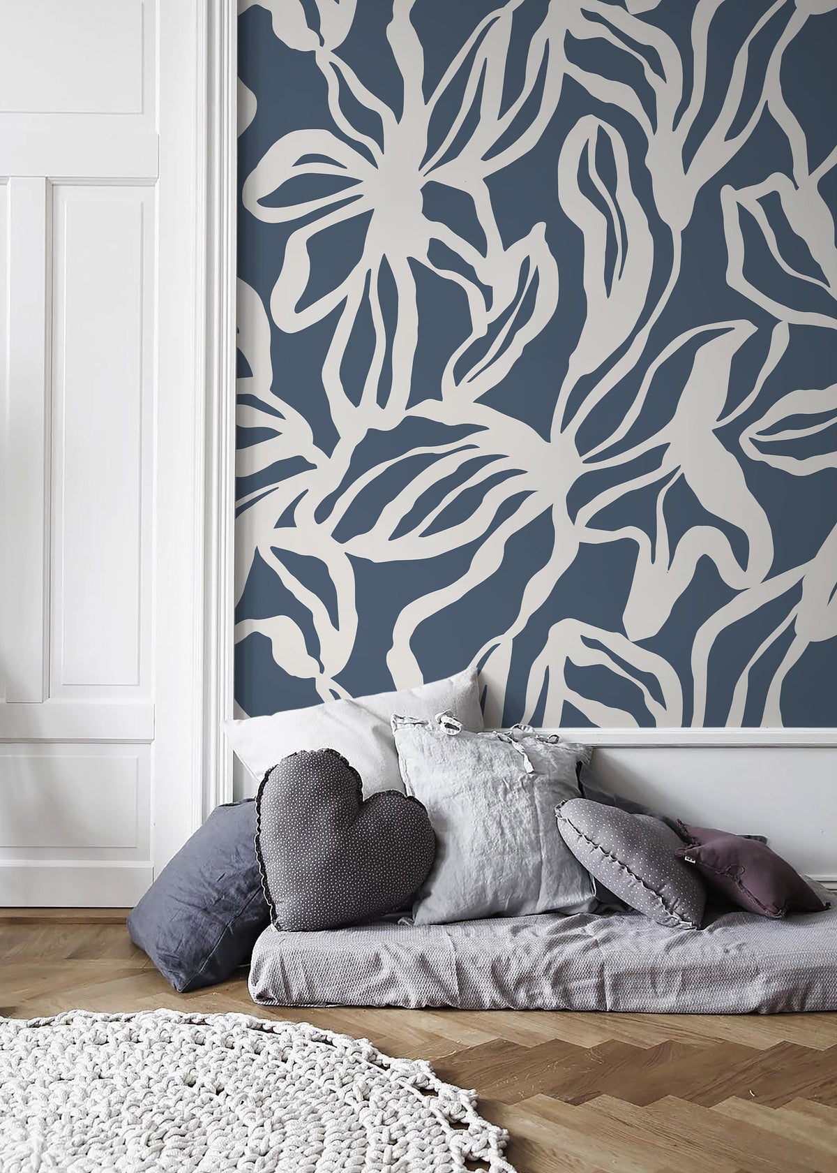 Navy Abstract Floral Wallpaper / Peel and Stick Wallpaper Removable Wallpaper Home Decor Wall Art Wall Decor Room Decor - D285