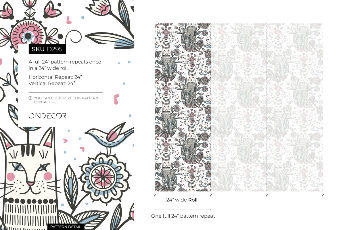 Floral and Cat Wallpaper / Peel and Stick Wallpaper Removable Wallpaper Home Decor Wall Art Wall Decor Room Decor - D295