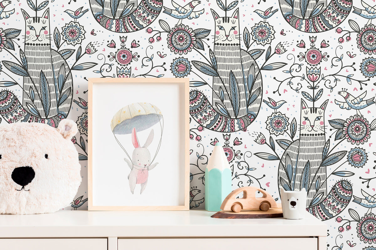 Floral and Cat Wallpaper / Peel and Stick Wallpaper Removable Wallpaper Home Decor Wall Art Wall Decor Room Decor - D295