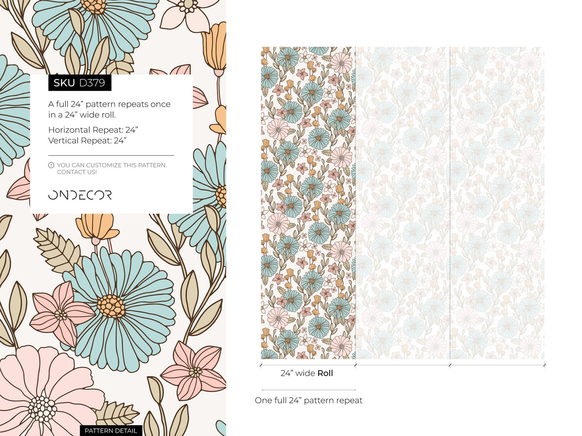 Pastel Boho Floral Wallpaper / Peel and Stick Wallpaper Removable Wallpaper Home Decor Wall Art Wall Decor Room Decor - D379