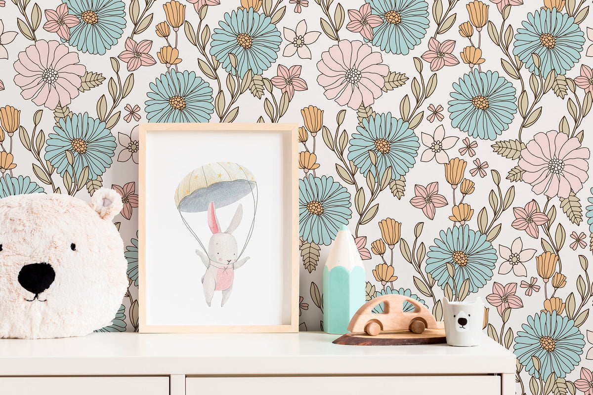 Pastel Boho Floral Wallpaper / Peel and Stick Wallpaper Removable Wallpaper Home Decor Wall Art Wall Decor Room Decor - D379