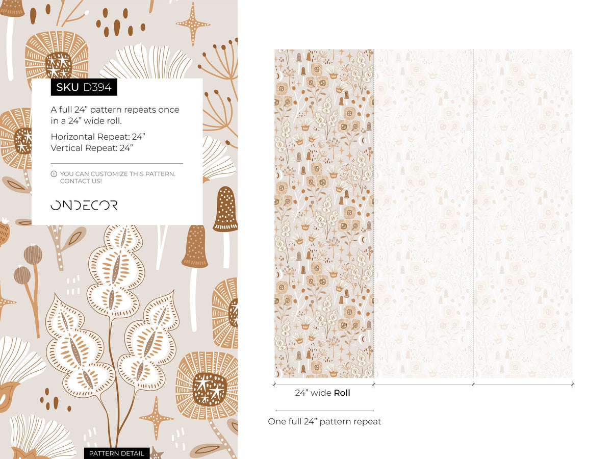 Neutral Mind-Century Floral Wallpaper / Peel and Stick Wallpaper Removable Wallpaper Home Decor Wall Art Wall Decor Room Decor - D394