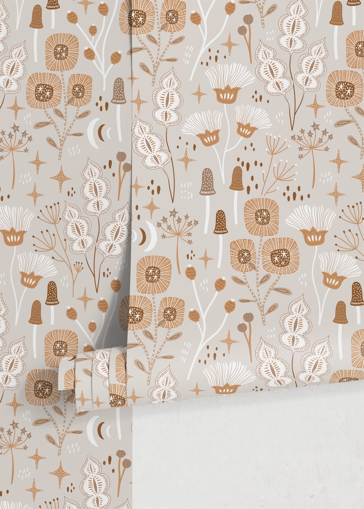 Neutral Mind-Century Floral Wallpaper / Peel and Stick Wallpaper Removable Wallpaper Home Decor Wall Art Wall Decor Room Decor - D394