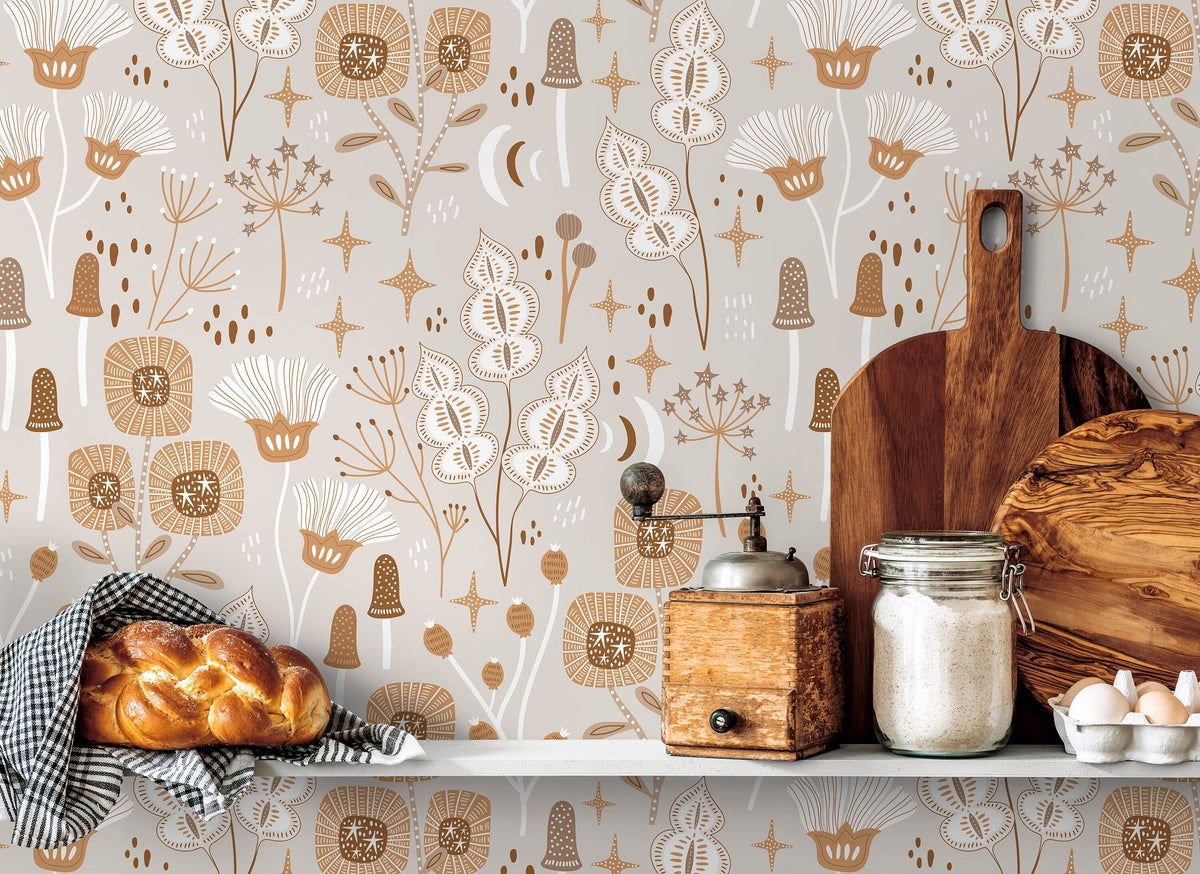 Neutral Mind-Century Floral Wallpaper / Peel and Stick Wallpaper Removable Wallpaper Home Decor Wall Art Wall Decor Room Decor - D394