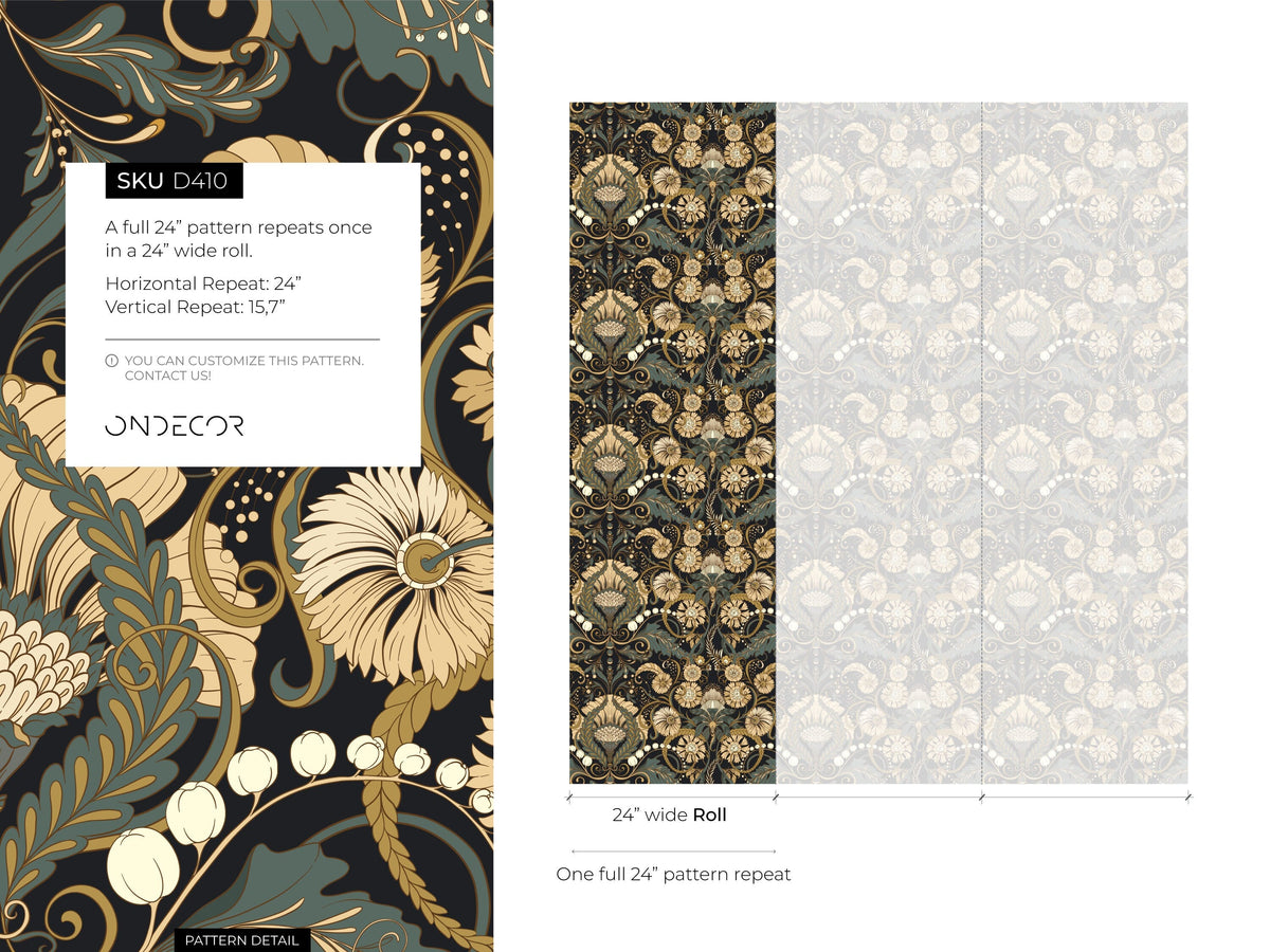 Dark Green Art Nouveau Wallpaper / Peel and Stick Wallpaper Removable Wallpaper Home Decor Wall Art Wall Decor Room Decor - D410