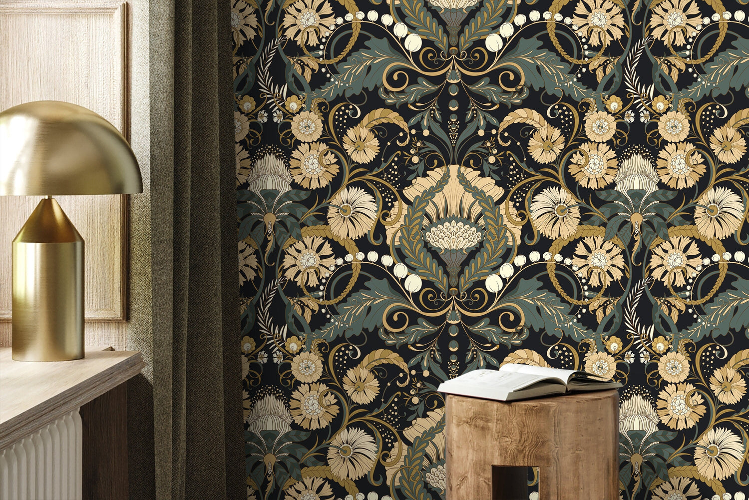 Dark Green Art Nouveau Wallpaper / Peel and Stick Wallpaper Removable Wallpaper Home Decor Wall Art Wall Decor Room Decor - D410