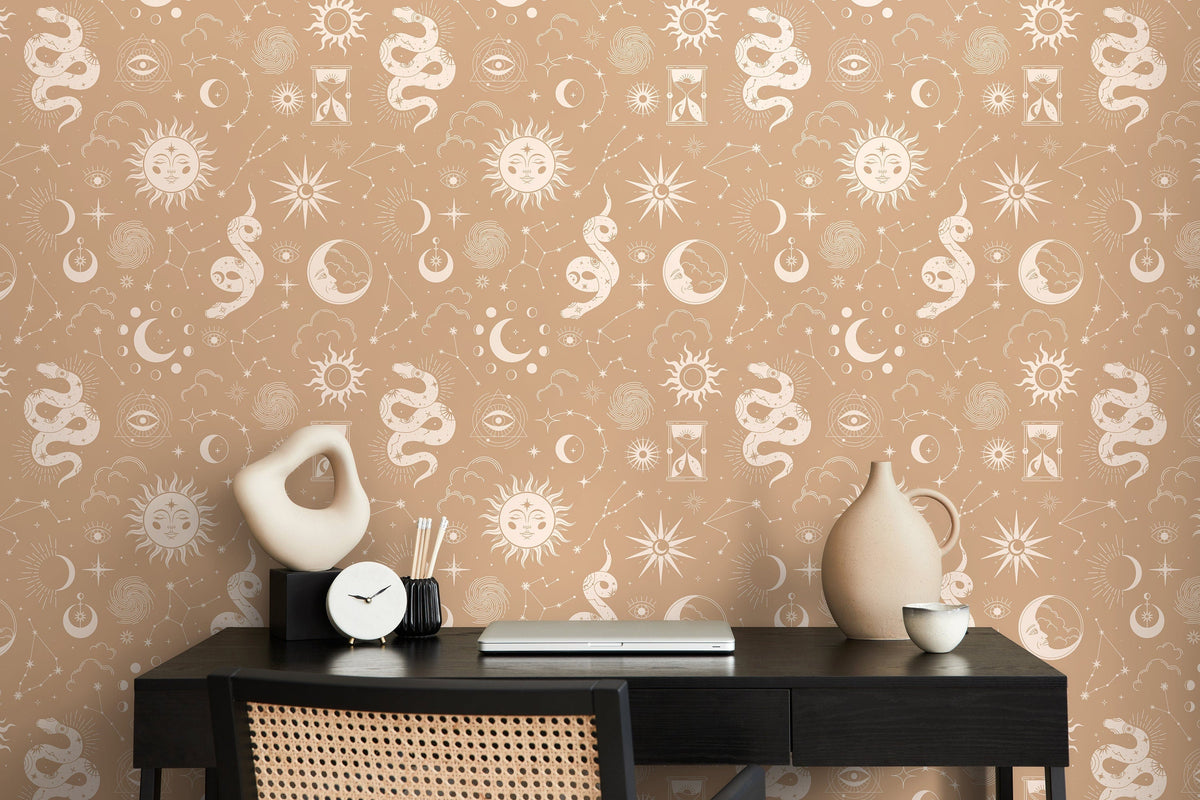 Beige Celestial Wallpaper / Peel and Stick Wallpaper Removable Wallpaper Home Decor Wall Art Wall Decor Room Decor - D346