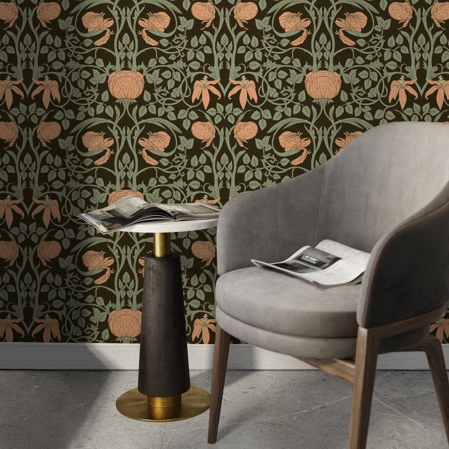 Floral Art Nouveau Wallpaper / Peel and Stick Wallpaper Removable Wallpaper Home Decor Wall Art Wall Decor Room Decor - D477