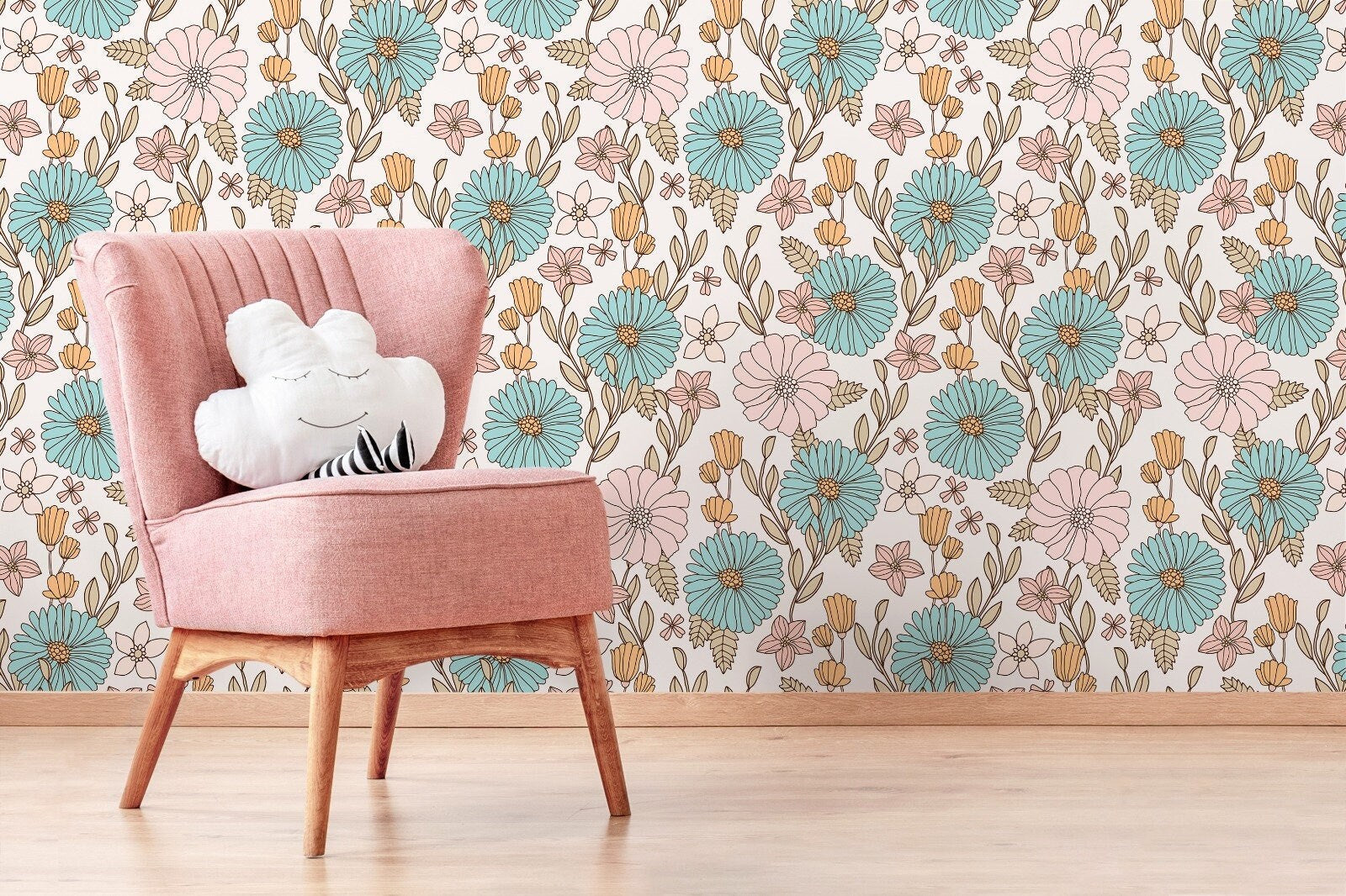 Pastel Boho Floral Wallpaper / Peel and Stick Wallpaper Removable Wallpaper Home Decor Wall Art Wall Decor Room Decor - D379