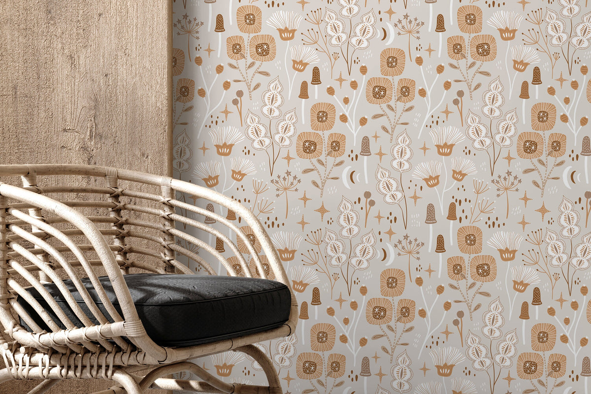Neutral Mind-Century Floral Wallpaper / Peel and Stick Wallpaper Removable Wallpaper Home Decor Wall Art Wall Decor Room Decor - D394