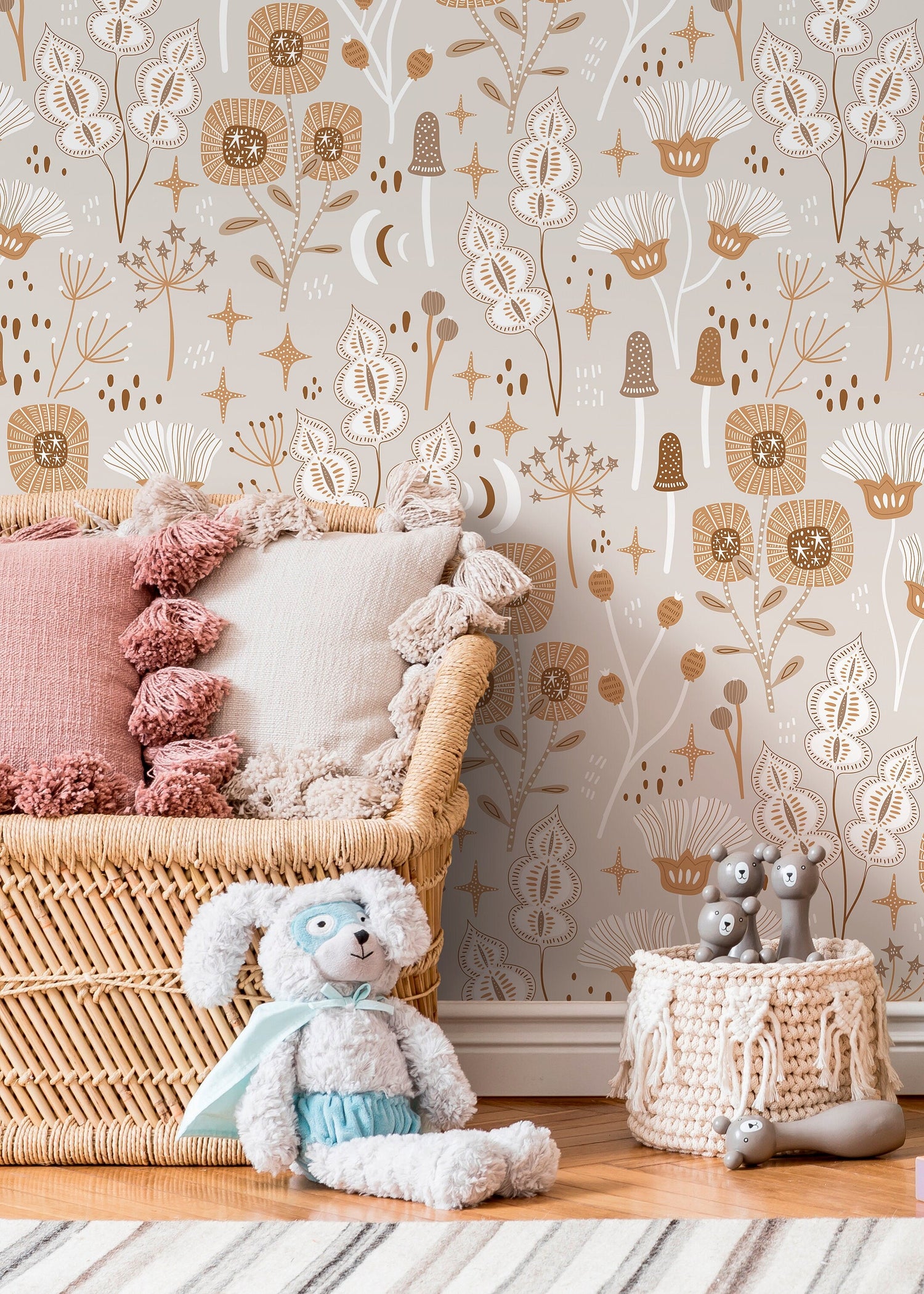 Neutral Mind-Century Floral Wallpaper / Peel and Stick Wallpaper Removable Wallpaper Home Decor Wall Art Wall Decor Room Decor - D394