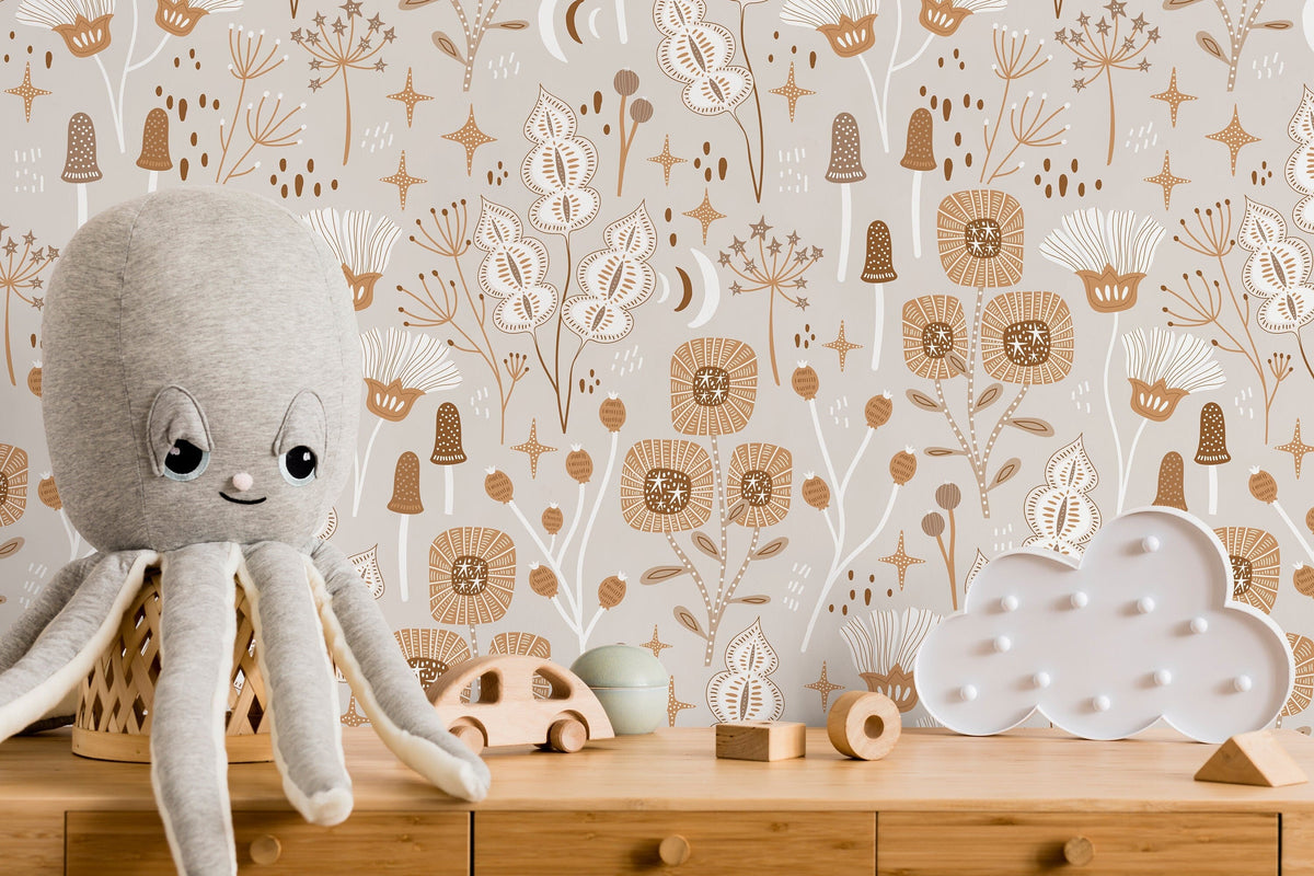 Neutral Mind-Century Floral Wallpaper / Peel and Stick Wallpaper Removable Wallpaper Home Decor Wall Art Wall Decor Room Decor - D394