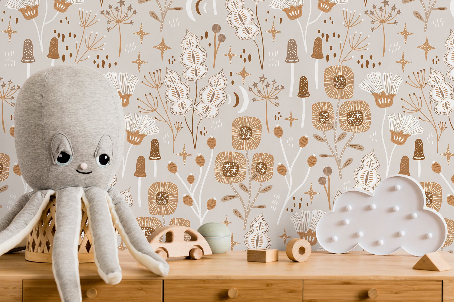 Neutral Mind-Century Floral Wallpaper / Peel and Stick Wallpaper Removable Wallpaper Home Decor Wall Art Wall Decor Room Decor - D394