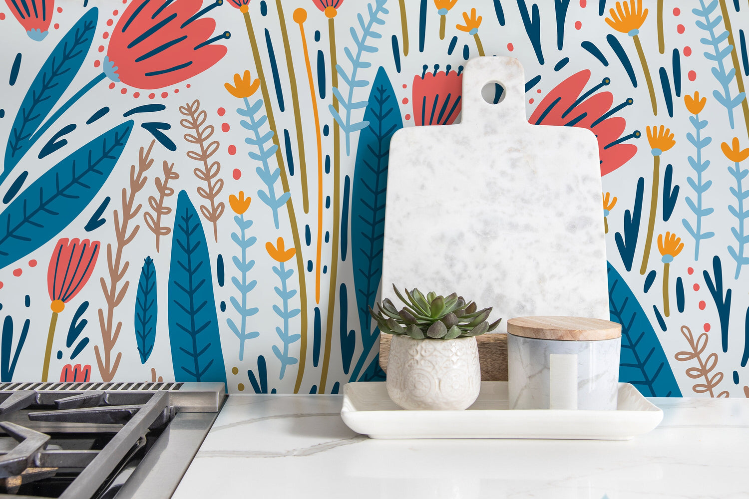 Scandinavian Floral Garden Wallpaper / Peel and Stick Wallpaper Removable Wallpaper Home Decor Wall Art Wall Decor Room Decor - D399