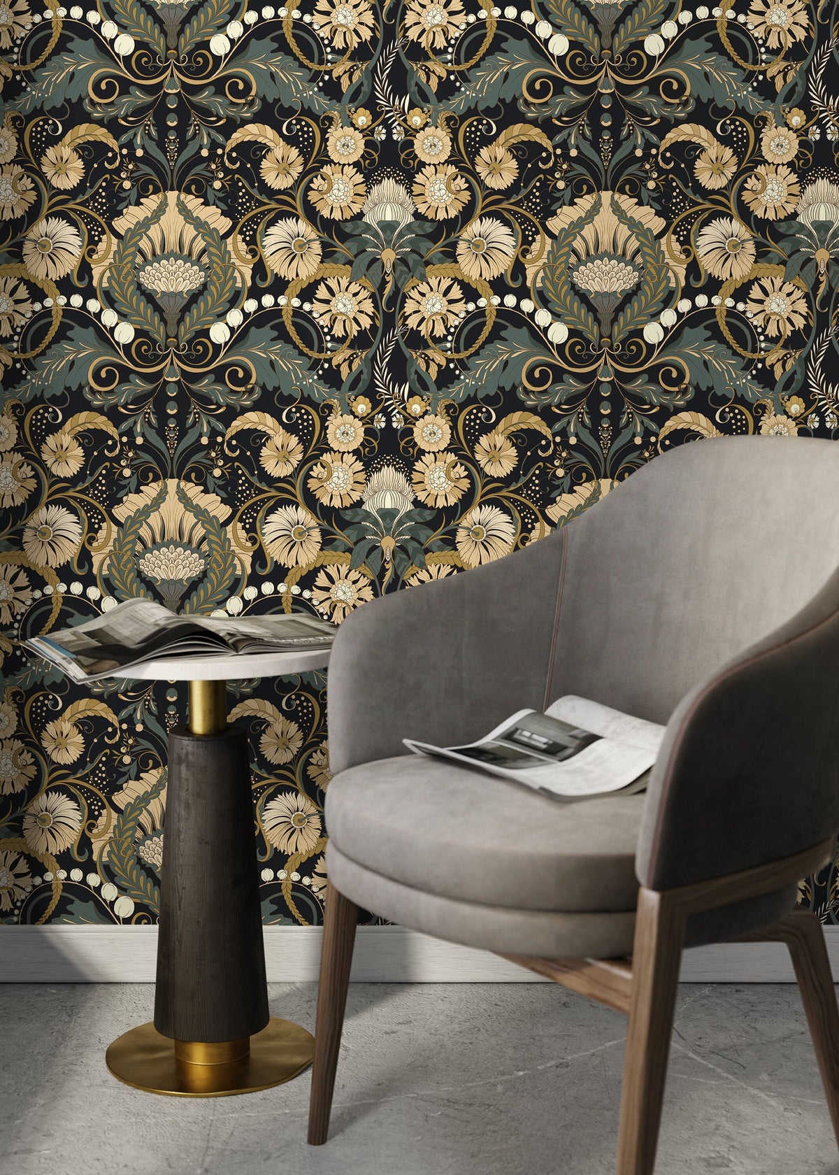 Dark Green Art Nouveau Wallpaper / Peel and Stick Wallpaper Removable Wallpaper Home Decor Wall Art Wall Decor Room Decor - D410