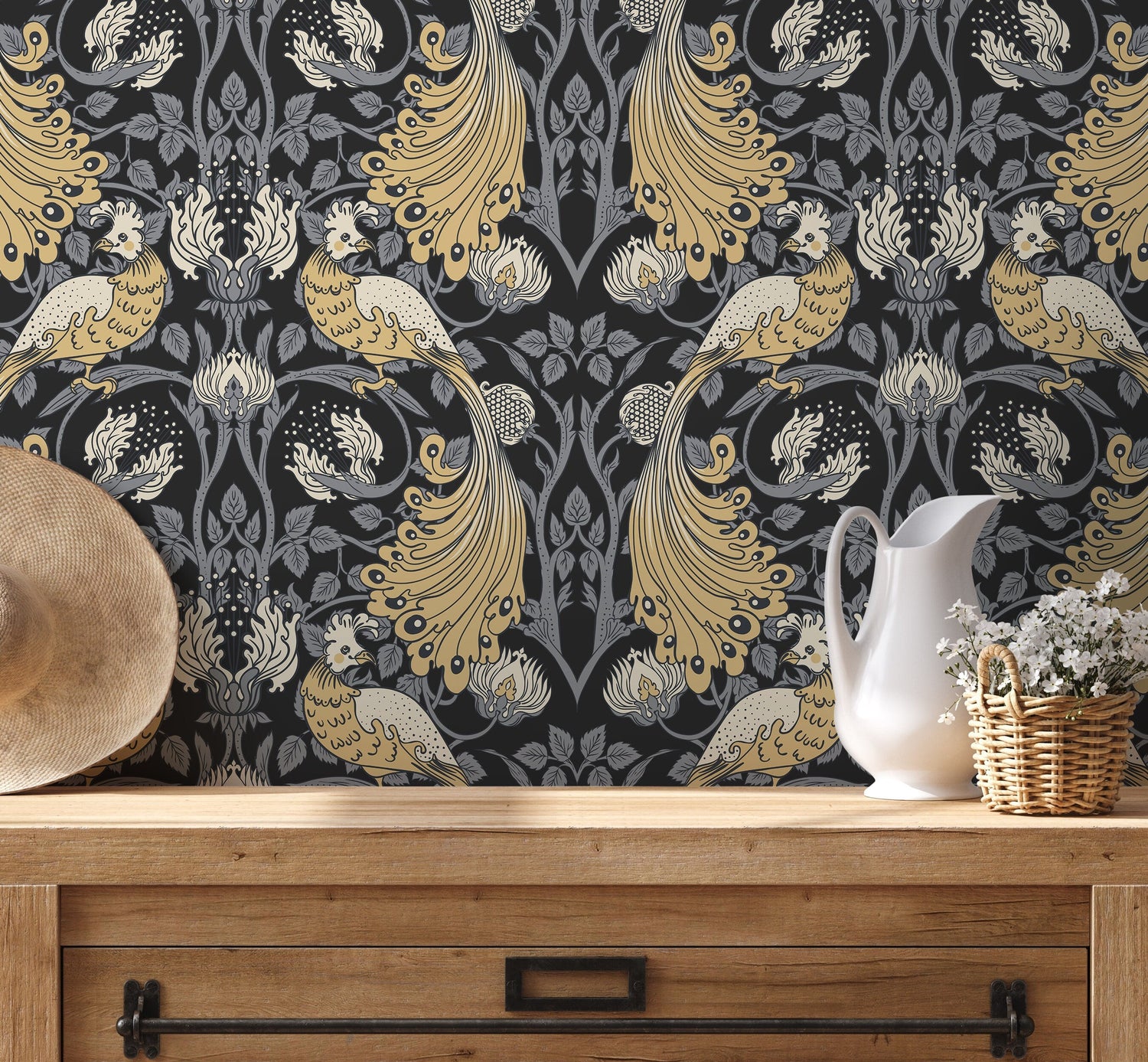 Gray and Yellow Art Nouveau Wallpaper / Peel and Stick Wallpaper Removable Wallpaper Home Decor Wall Art Wall Decor Room Decor - D500