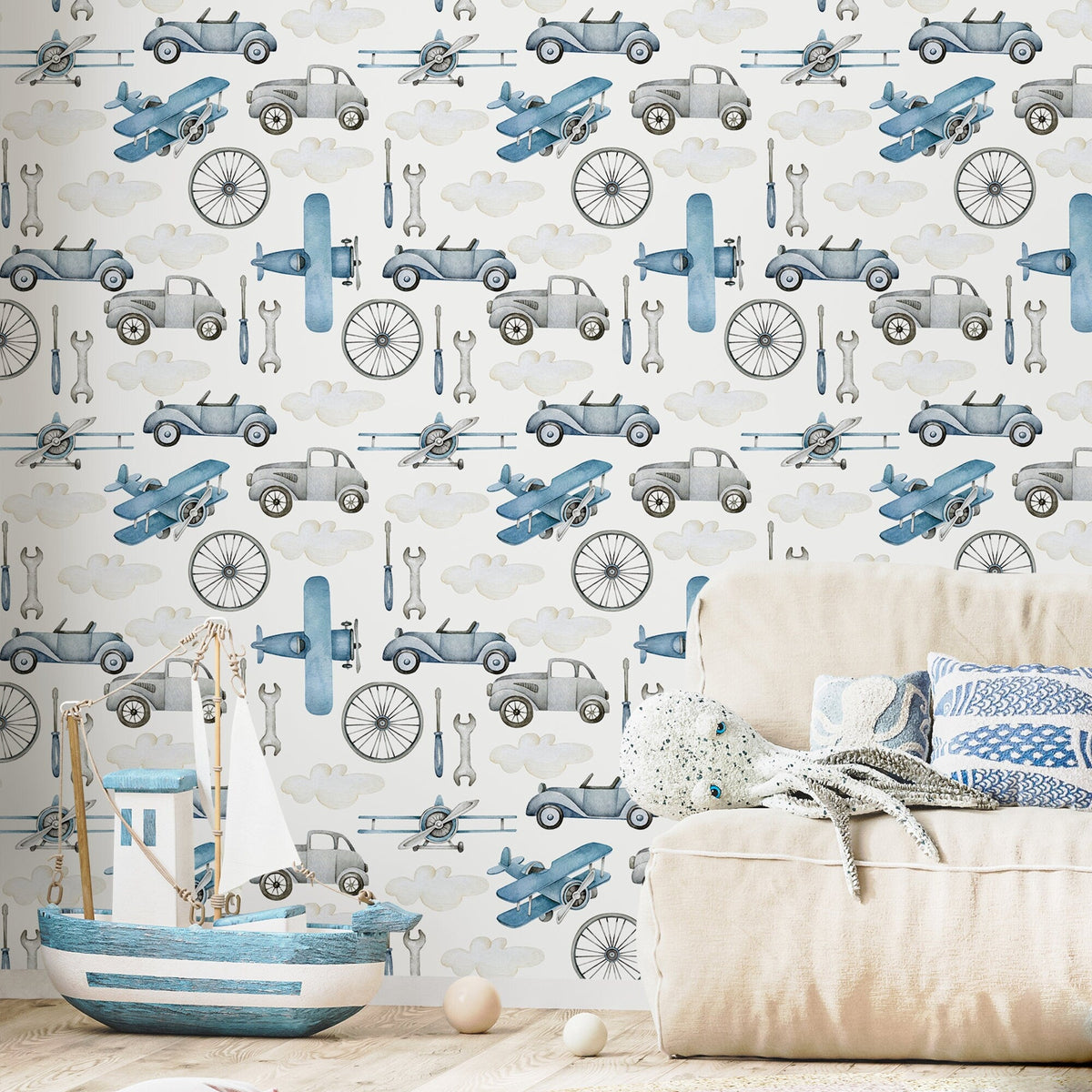 Airplanes and Cars Wallpaper / Peel and Stick Wallpaper Removable Wallpaper Home Decor Wall Art Wall Decor Room Decor - D527