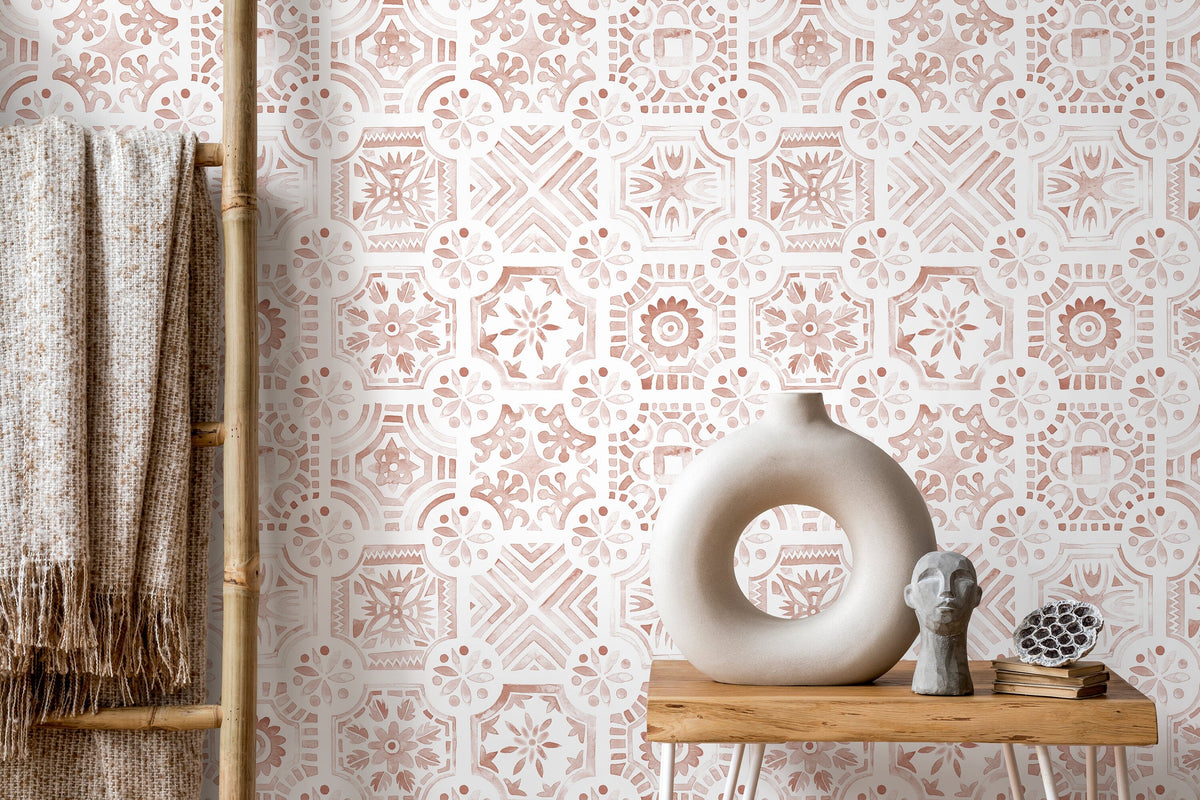 Red Watercolor Tile Wallpaper / Peel and Stick Wallpaper Removable Wallpaper Home Decor Wall Art Wall Decor Room Decor - D533