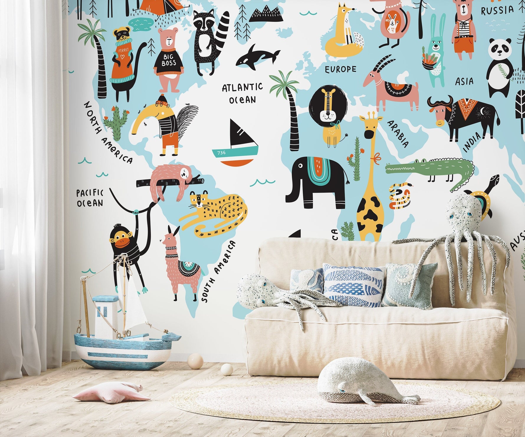 Animals World Map Wallpaper / Peel and Stick Wallpaper Removable Wallpaper Home Decor Wall Art Wall Decor Room Decor - D491