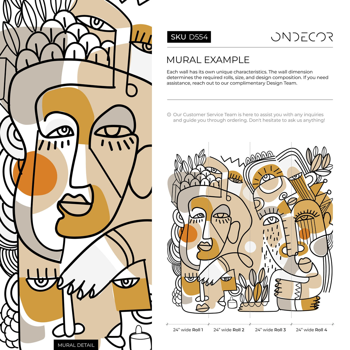 Beige Line Art Faces Wallpaper Abstract Mural Peel and Stick Wallpaper Home Decor - D554