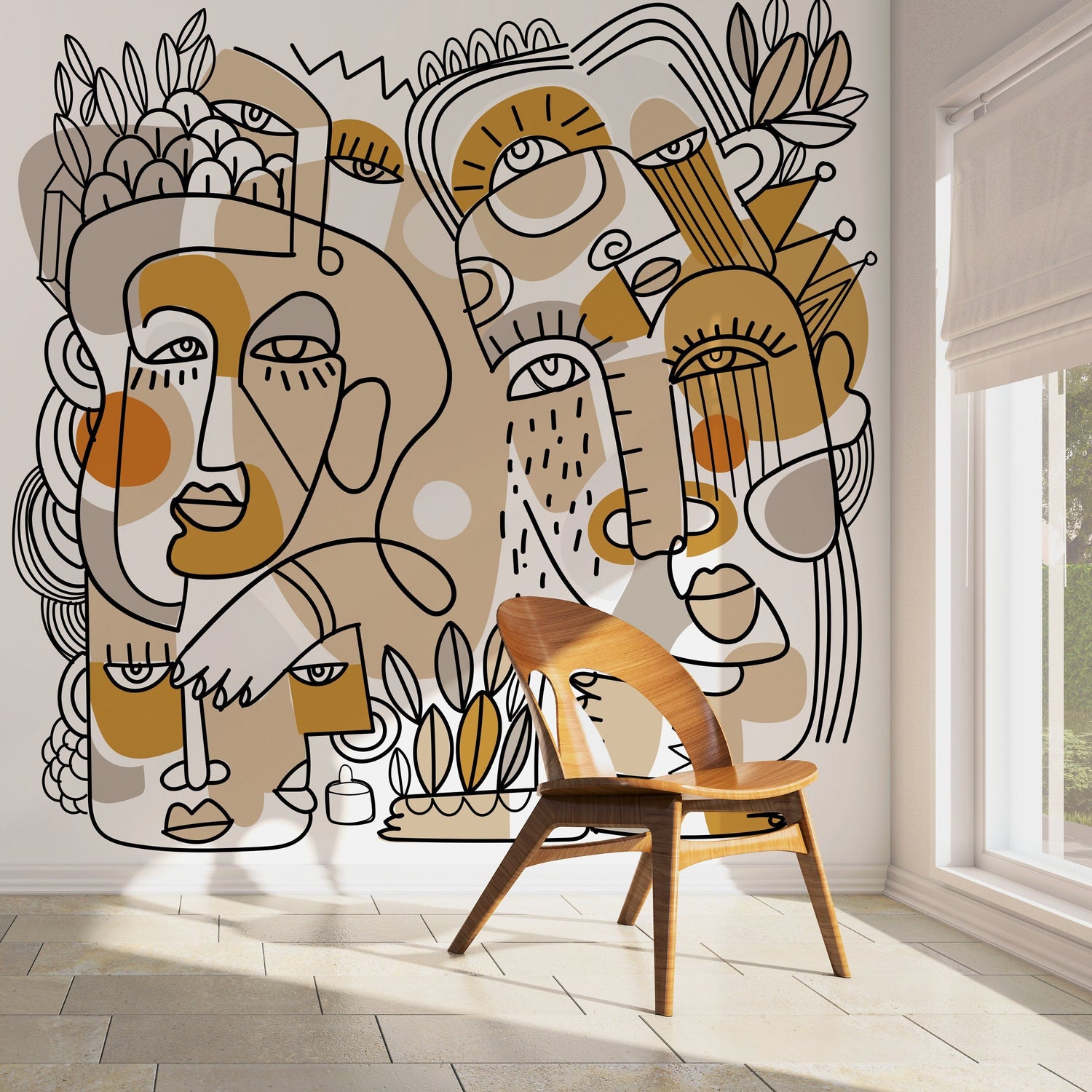 Beige Line Art Faces Wallpaper Abstract Mural Peel and Stick Wallpaper Home Decor - D554