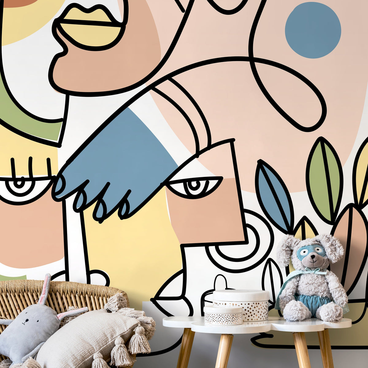 Line Art Faces Wallpaper Abstract Mural Peel and Stick Wallpaper Home Decor - D555