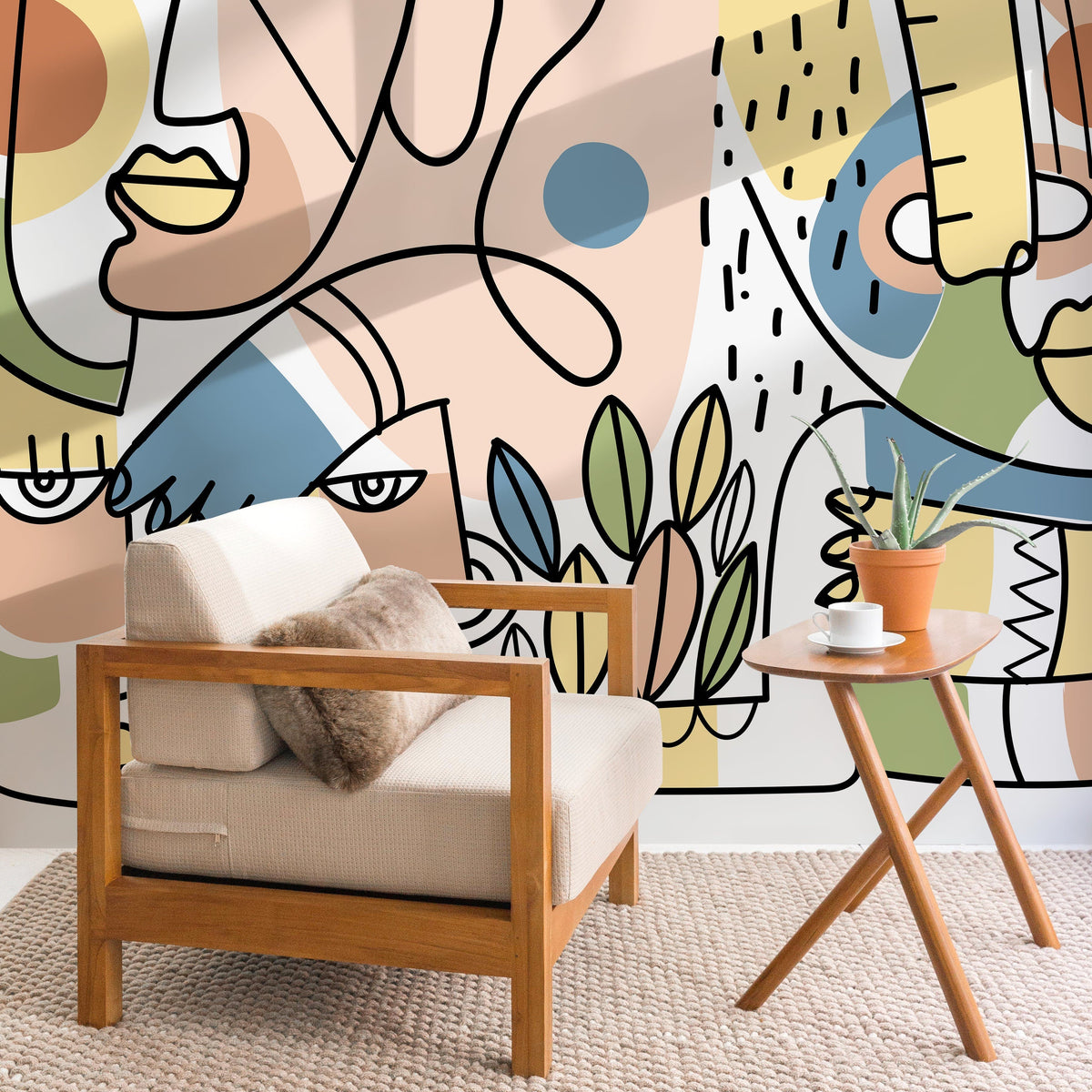 Line Art Faces Wallpaper Abstract Mural Peel and Stick Wallpaper Home Decor - D555