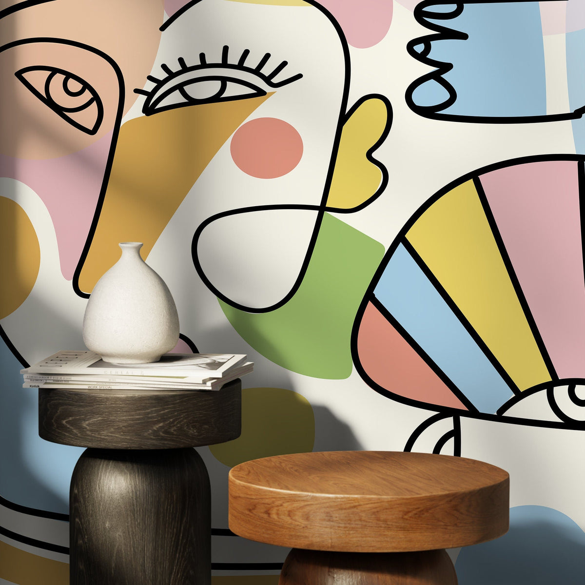 Abstract Line Art Faces Wallpaper Modern Mural Peel and Stick Wallpaper Home Decor - D557