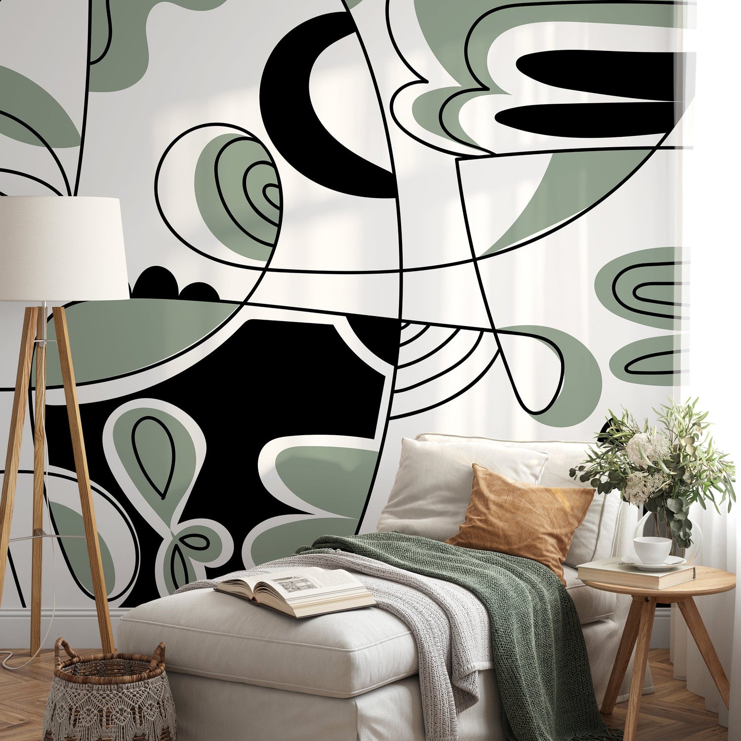 Black and Green Modern Wallpaper Abstract Mural Peel and Stick Wallpaper Home Decor - D562
