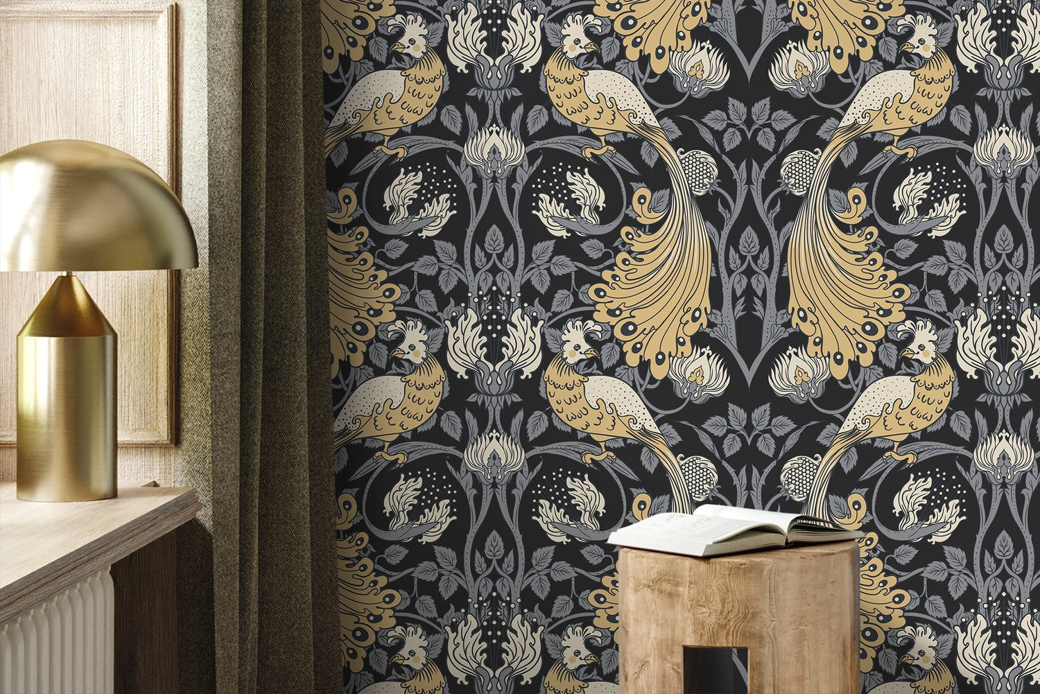 Gray and Yellow Art Nouveau Wallpaper / Peel and Stick Wallpaper Removable Wallpaper Home Decor Wall Art Wall Decor Room Decor - D500