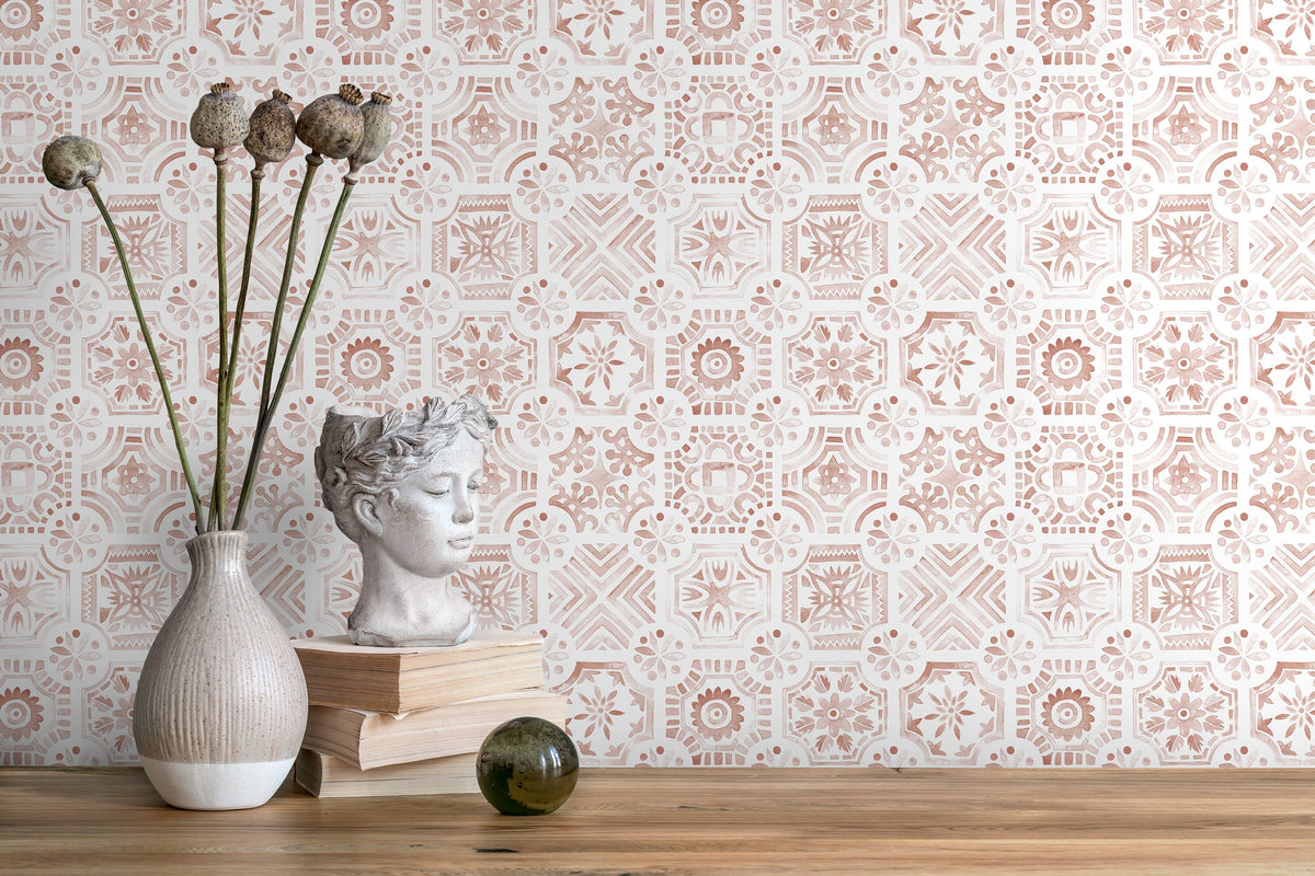 Red Watercolor Tile Wallpaper / Peel and Stick Wallpaper Removable Wallpaper Home Decor Wall Art Wall Decor Room Decor - D533