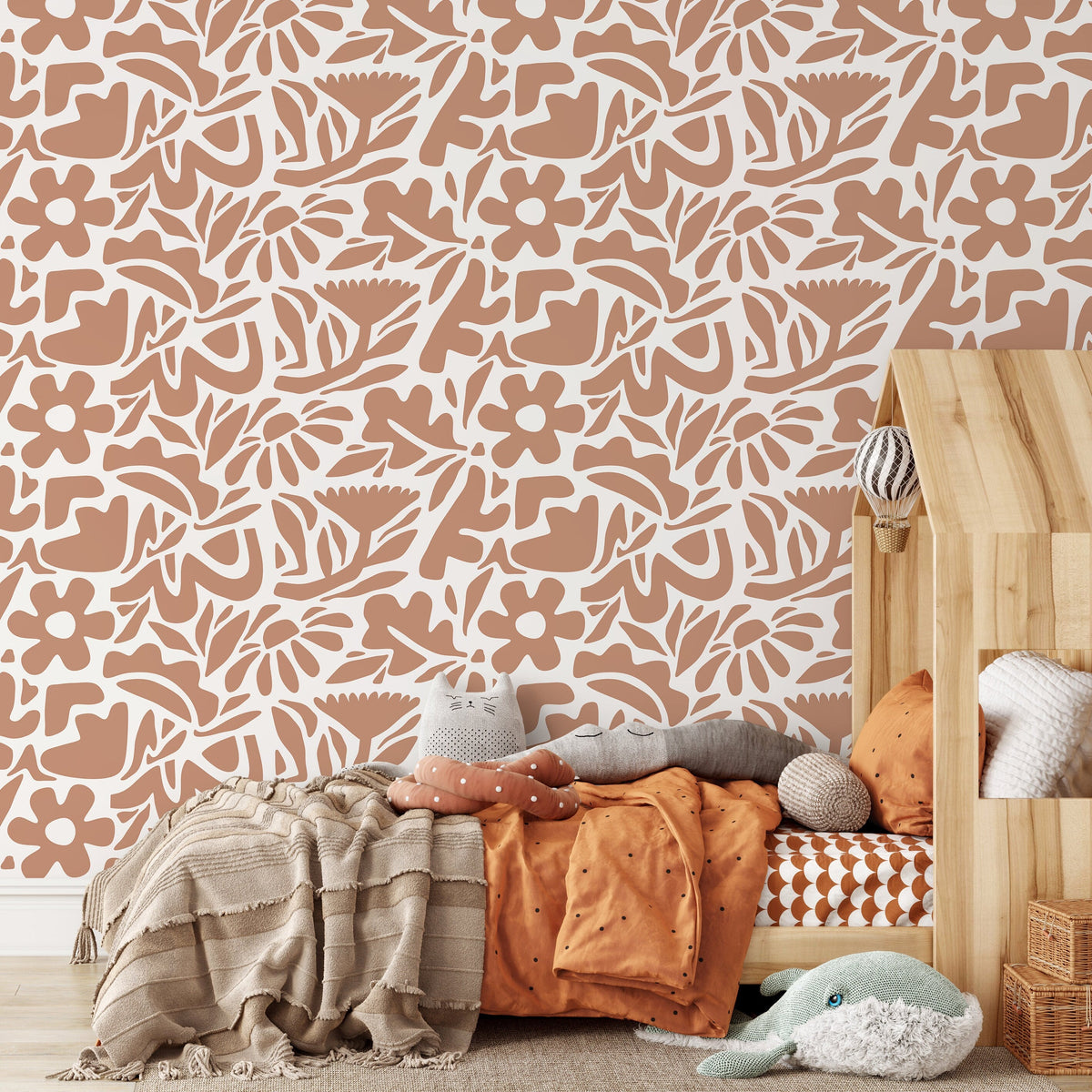 Orange Abstract Wallpaper Boho Floral Wallpaper Peel and Stick and Traditional Wallpaper - D674