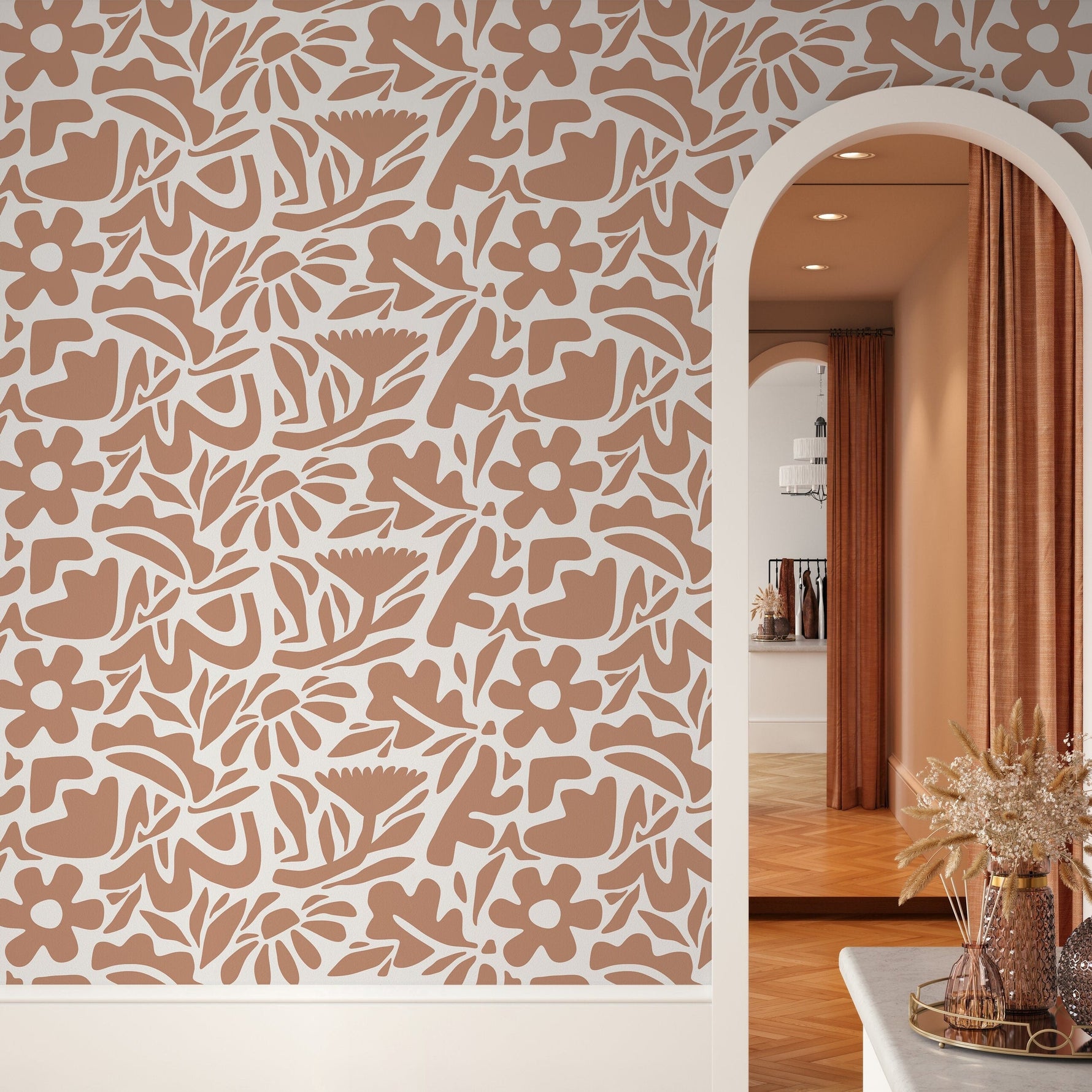 Orange Abstract Wallpaper Boho Floral Wallpaper Peel and Stick and Traditional Wallpaper - D674