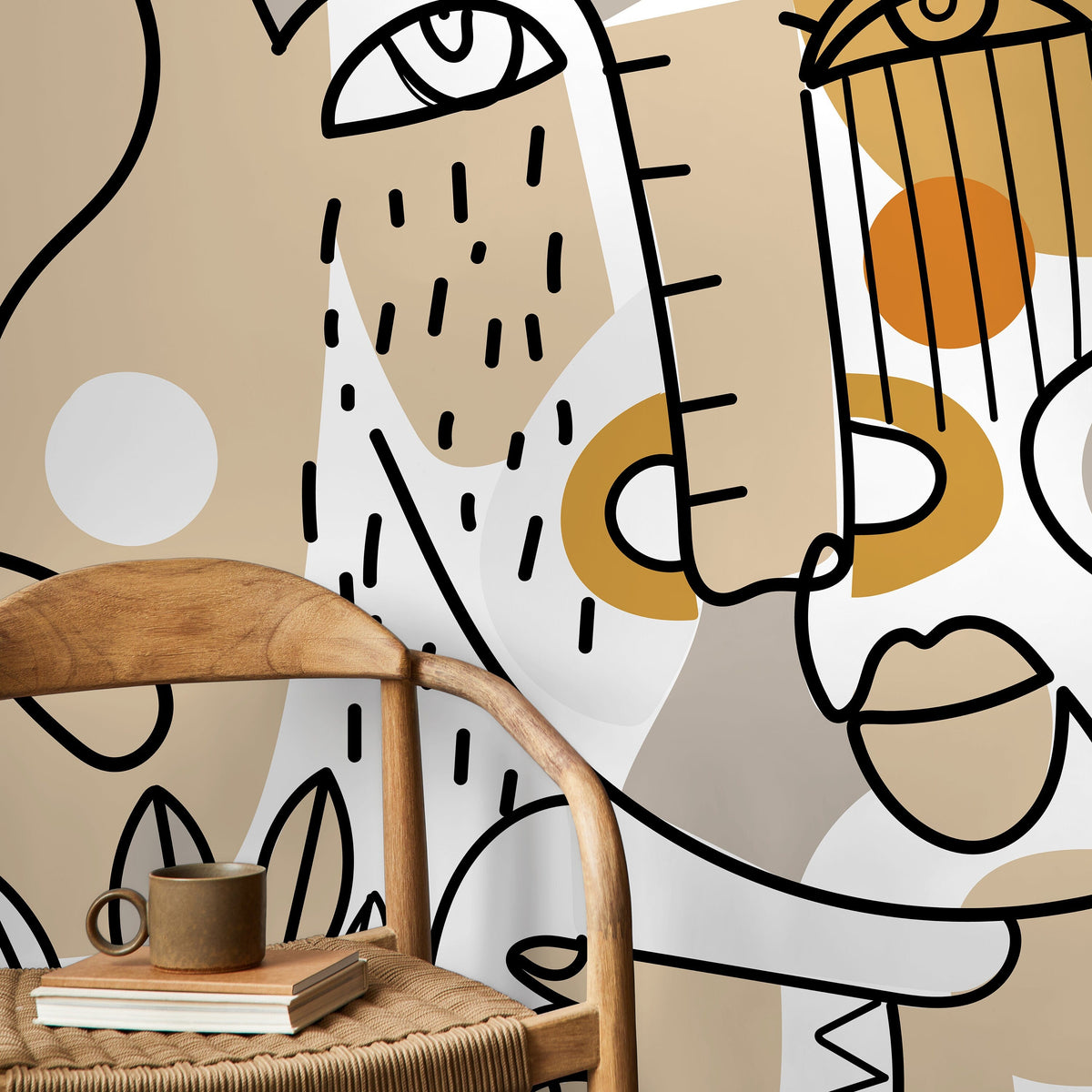 Beige Line Art Faces Wallpaper Abstract Mural Peel and Stick Wallpaper Home Decor - D554