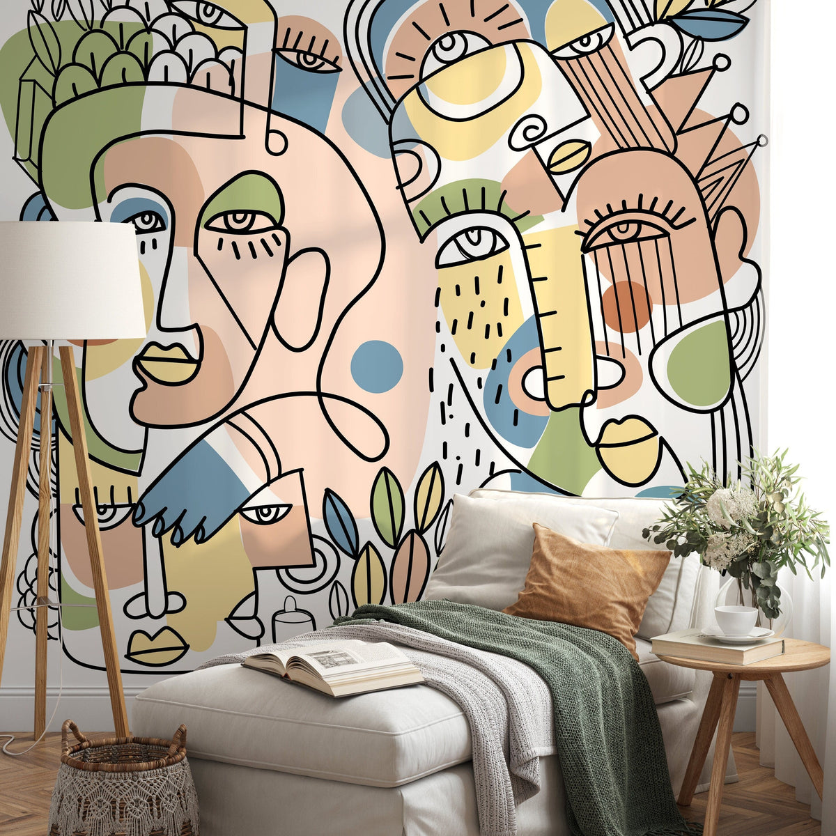 Line Art Faces Wallpaper Abstract Mural Peel and Stick Wallpaper Home Decor - D555