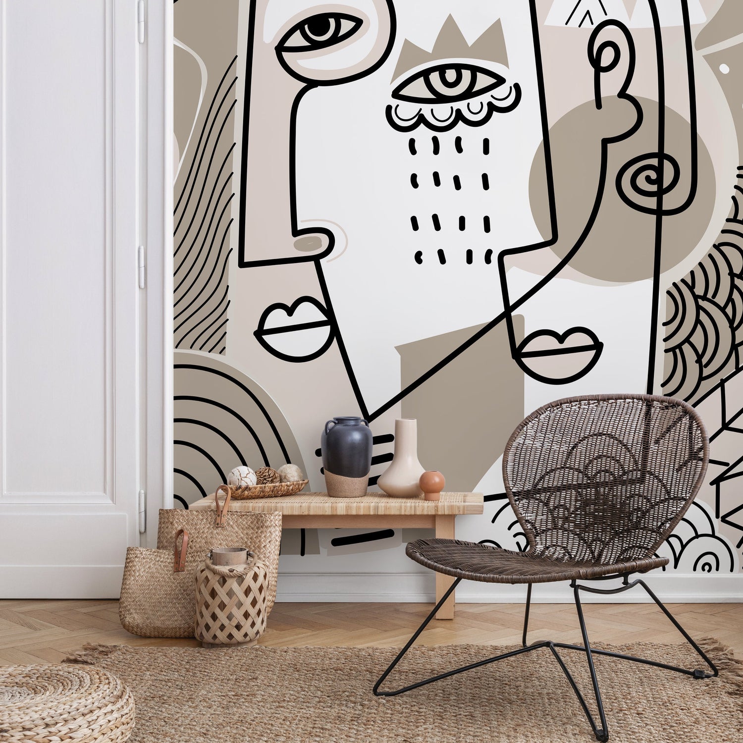 Neutral Line Art Mural Abstract Wallpaper Hand Drawing Wallpaper Peel and Stick Wallpaper Home Decor - D583