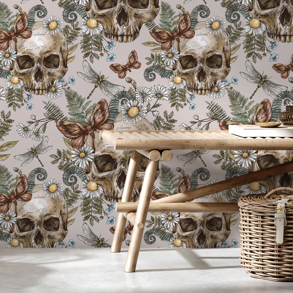 Fern and Skull Wallpaper Gothic Wallpaper Peel and Stick and Traditional Wallpaper - D830