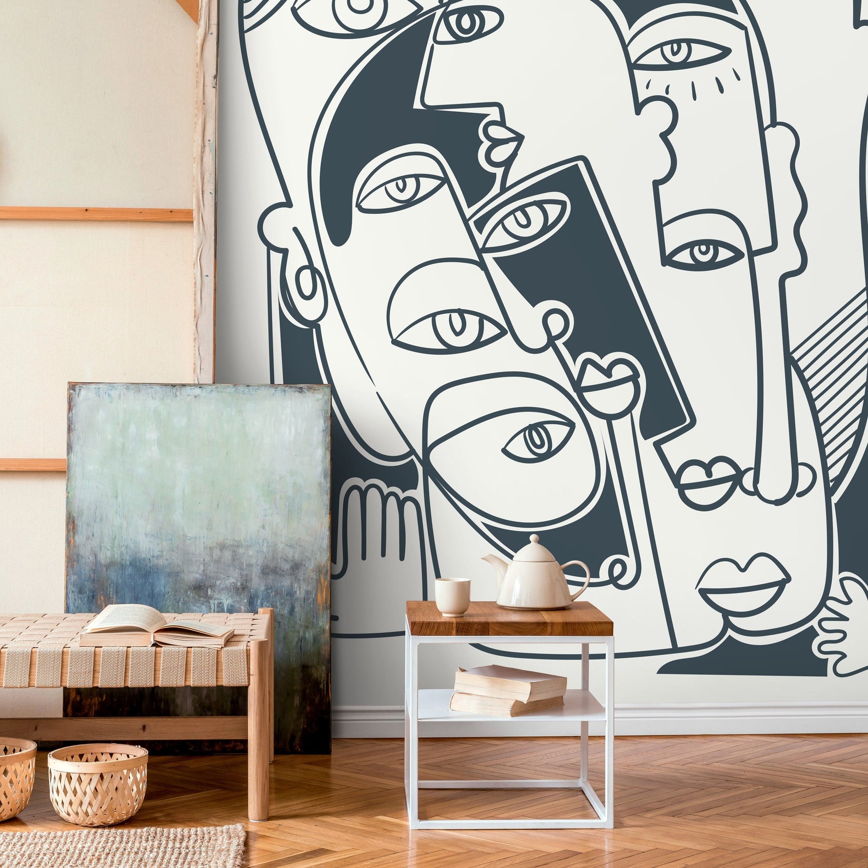 Grey Line Art Mural Abstract Wallpaper Hand Drawing Wallpaper Peel and Stick Wallpaper Home Decor - D590
