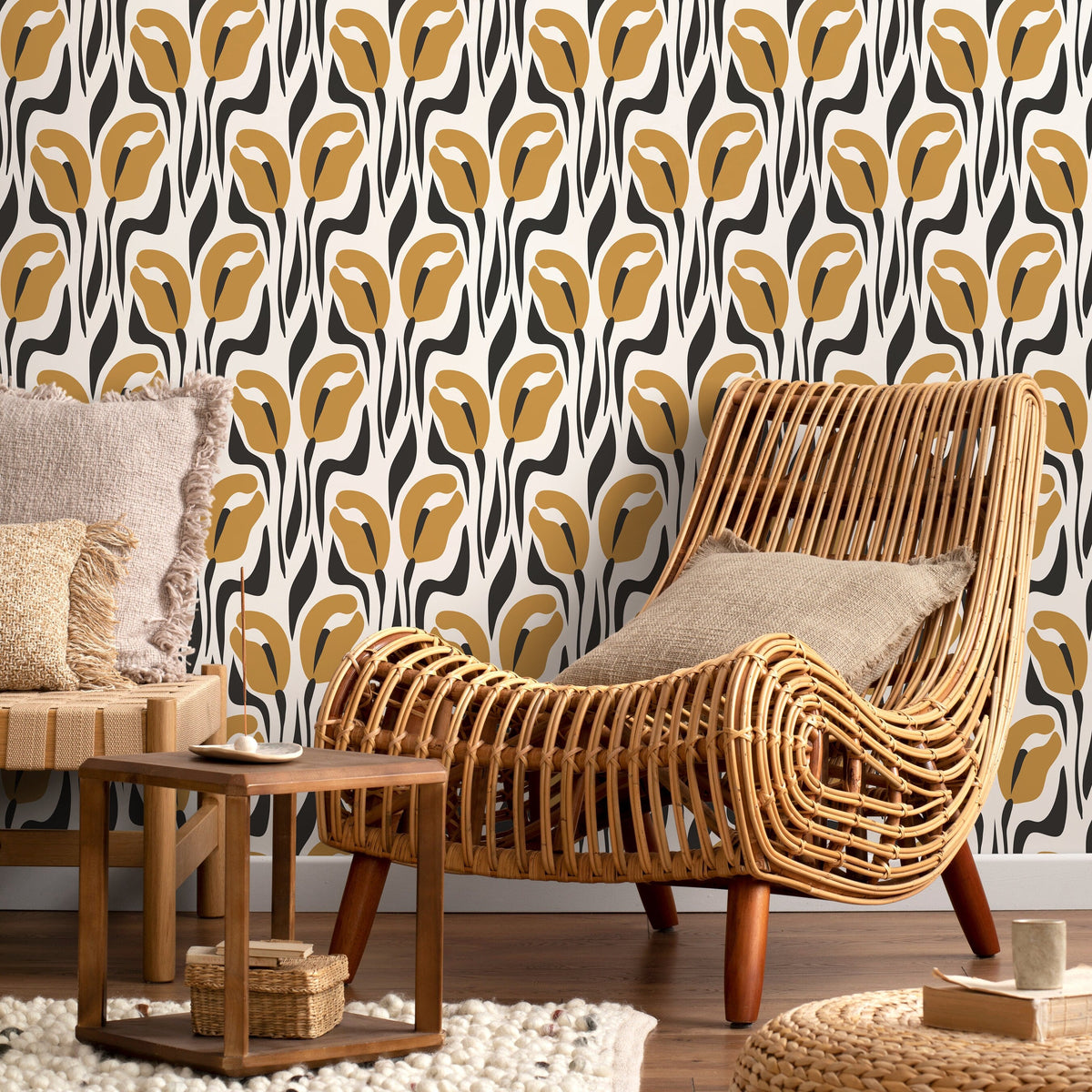 Retro Yellow Floral Wallpaper Vintage Wallpaper Peel and Stick and Traditional Wallpaper - D654