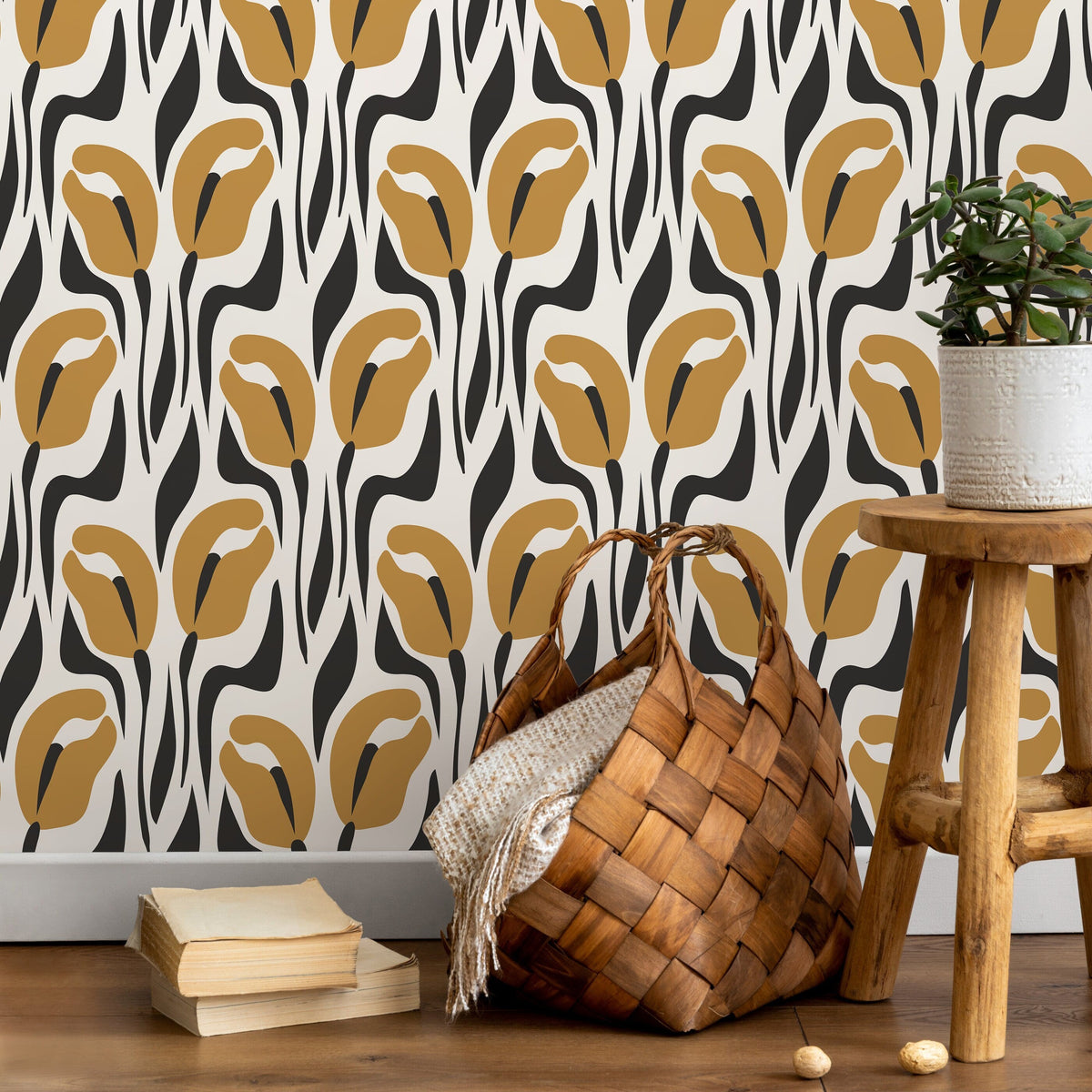 Retro Yellow Floral Wallpaper Vintage Wallpaper Peel and Stick and Traditional Wallpaper - D654