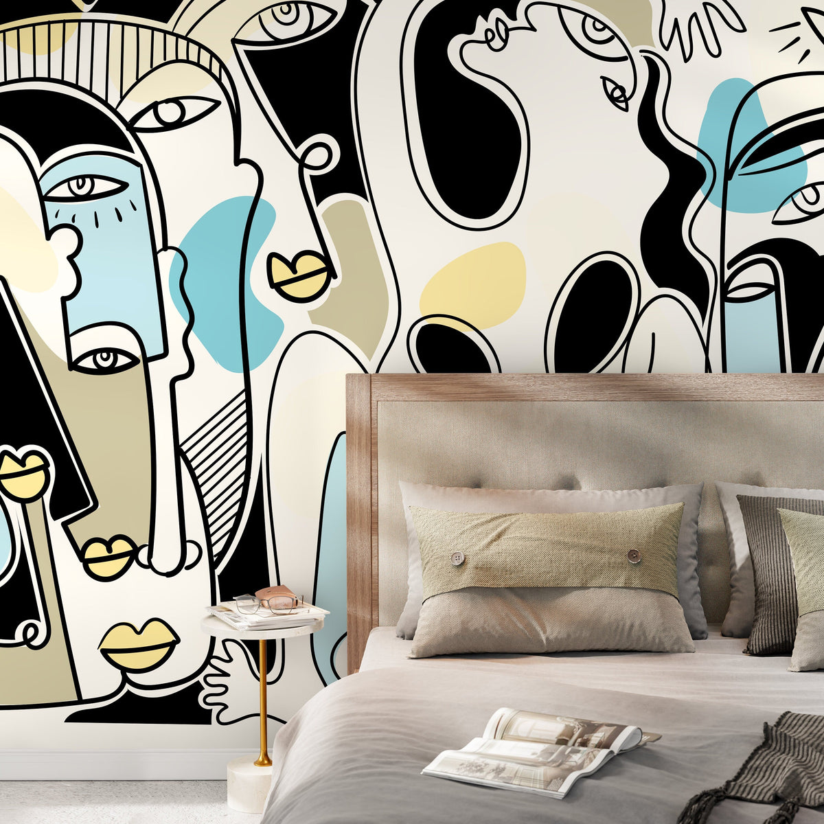 Line Art Faces Mural Abstract Wallpaper Hand Drawing Wallpaper Peel and Stick Wallpaper Home Decor - D591