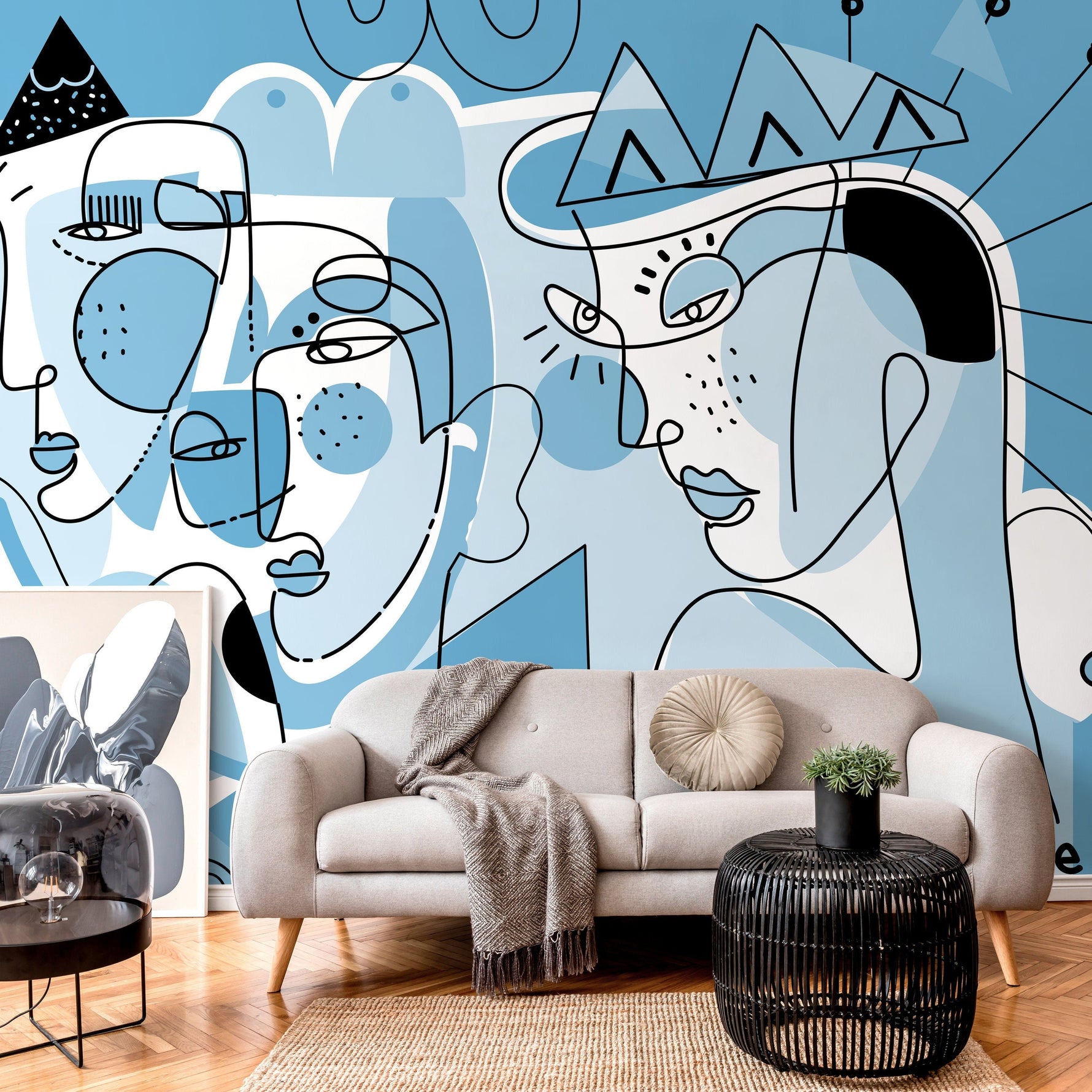 Light Blue Abstract Mural Line Art Wallpaper Peel and Stick Wallpaper Home Decor - D606