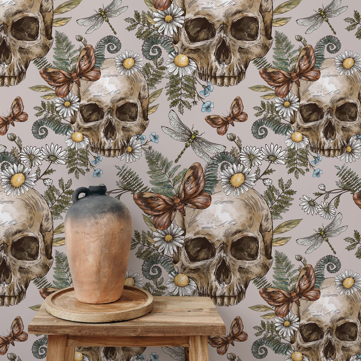 Fern and Skull Wallpaper Gothic Wallpaper Peel and Stick and Traditional Wallpaper - D830