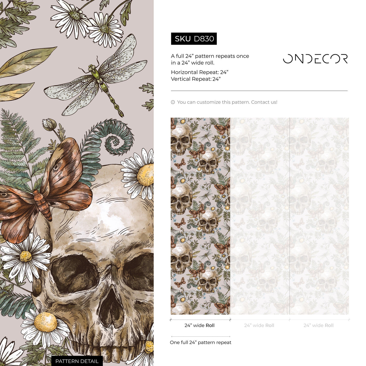 Fern and Skull Wallpaper Gothic Wallpaper Peel and Stick and Traditional Wallpaper - D830