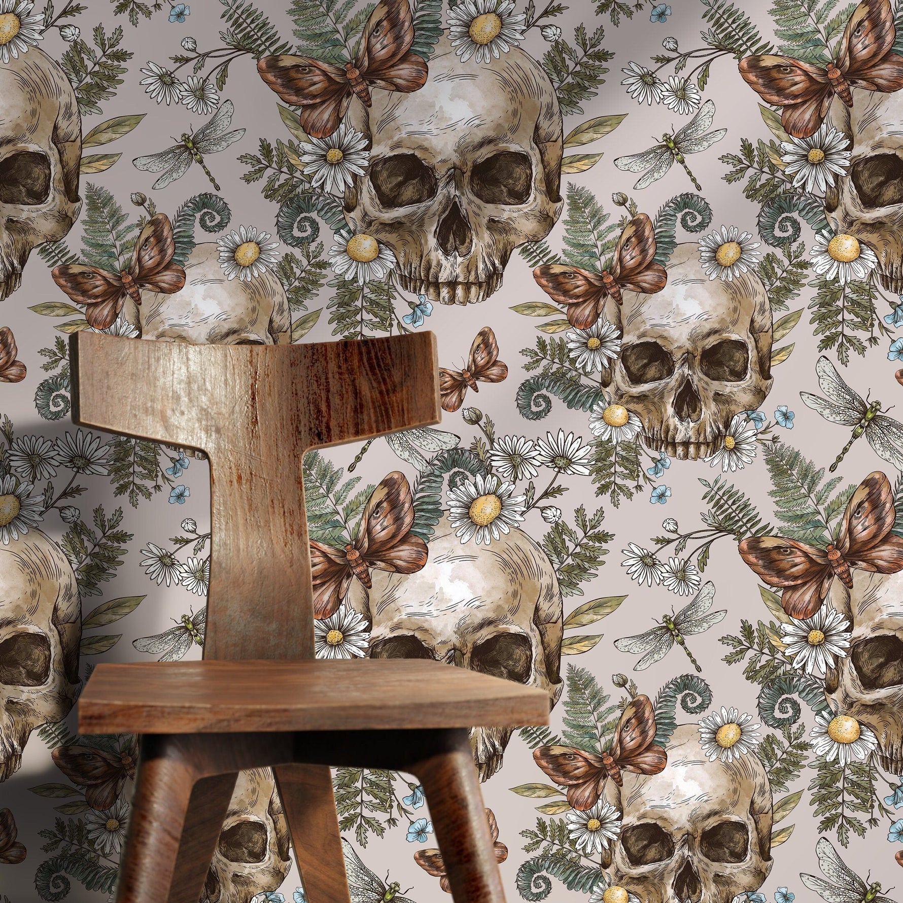 Fern and Skull Wallpaper Gothic Wallpaper Peel and Stick and Traditional Wallpaper - D830